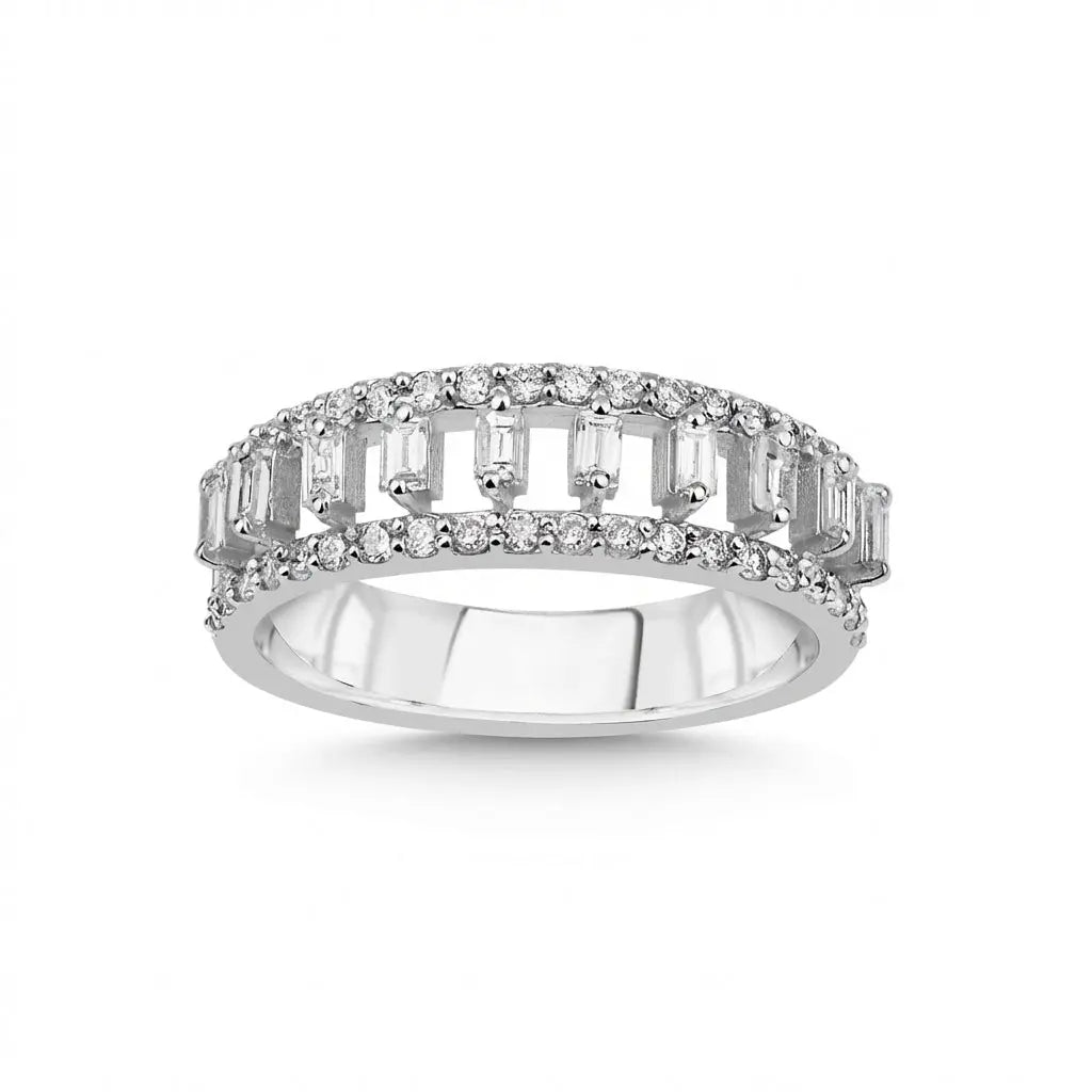 14ct/14K White Gold Natural Diamond Ring – Baguette Round Diamond Openwork 0.64ct
