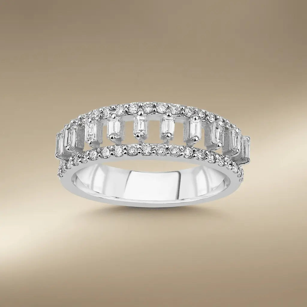 14ct/14K White Gold Natural Diamond Ring – Baguette Round Diamond Openwork 0.64ct