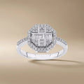 14ct/14K White Gold Natural Diamond Ring – Geometric Baguette Round Diamond Halo 0.5ct