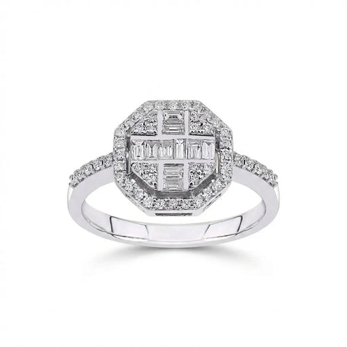14ct/14K White Gold Natural Diamond Ring – Geometric Baguette Round Diamond Halo 0.5ct