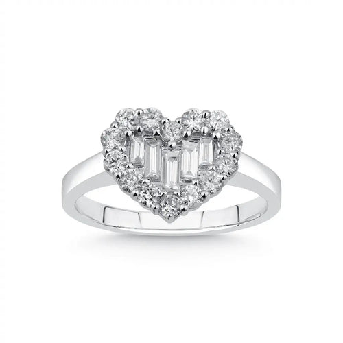 14ct/14K White Gold Natural Diamond Ring – Heart Shape Diamond Cluster with Baguette Center 0.81ct