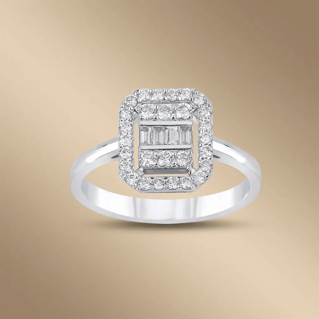 14ct/14K White Gold Natural Diamond Ring – Baguette Halo Diamond 0.57ct