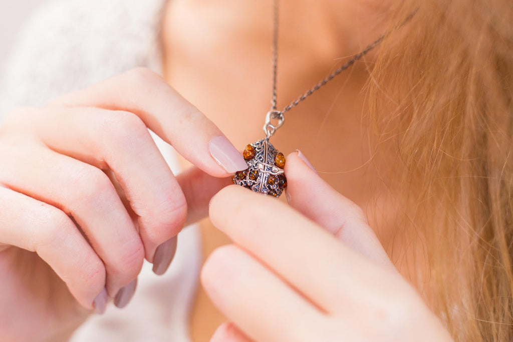 Fabergé Inspired Amber Egg Locket Necklace