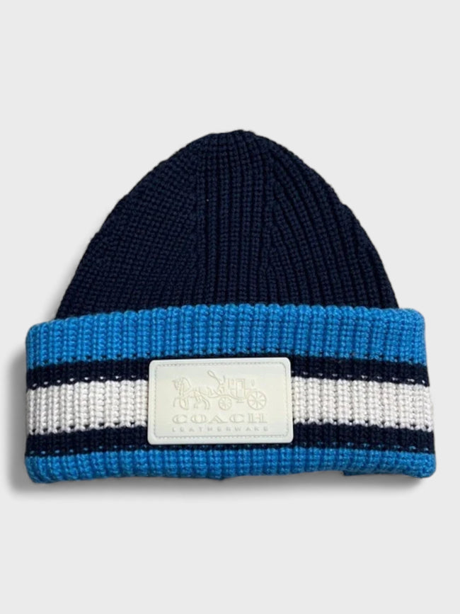 Coach Ribbed Knit Varsity Stripe Patch Beanie Navy Blue