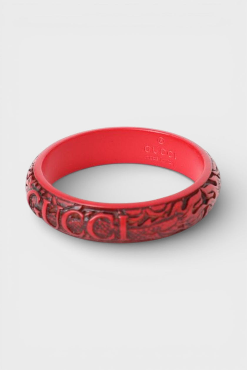 Gucci FW 2019 Dragon Engraved Wooden Bangle Red