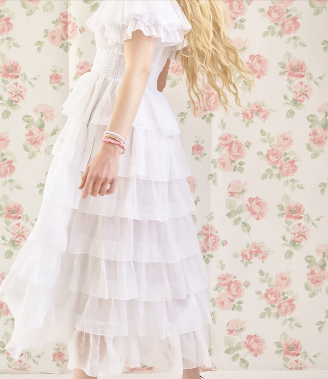 Amy Jane London White Aurelia Bardot Tiered Maxi Dress
