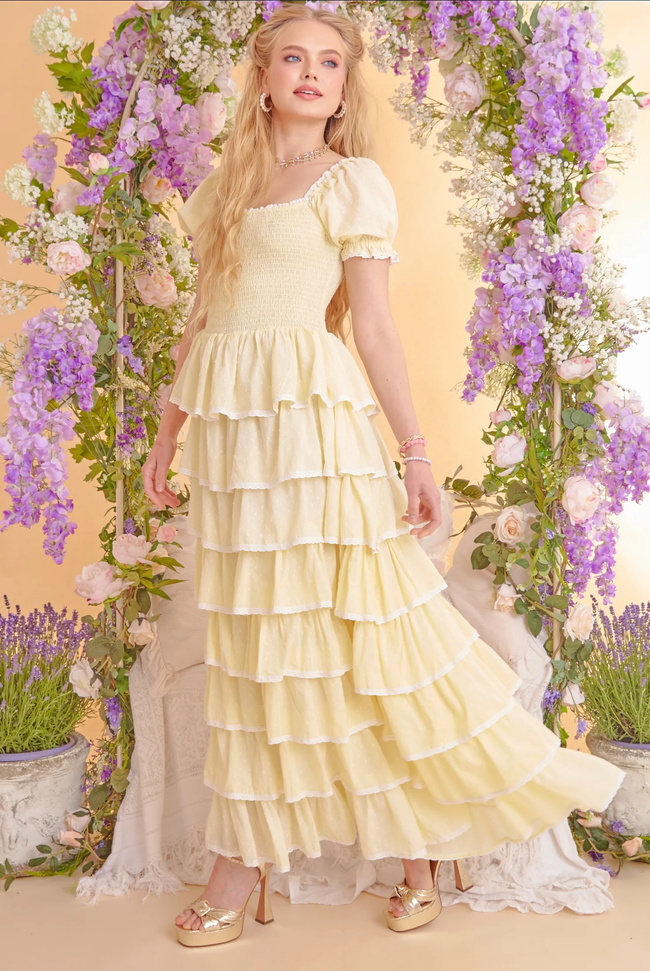 Amy Jane London Lemon Yellow Luna Tiered Ruffled Puff Sleeve Maxi Dress