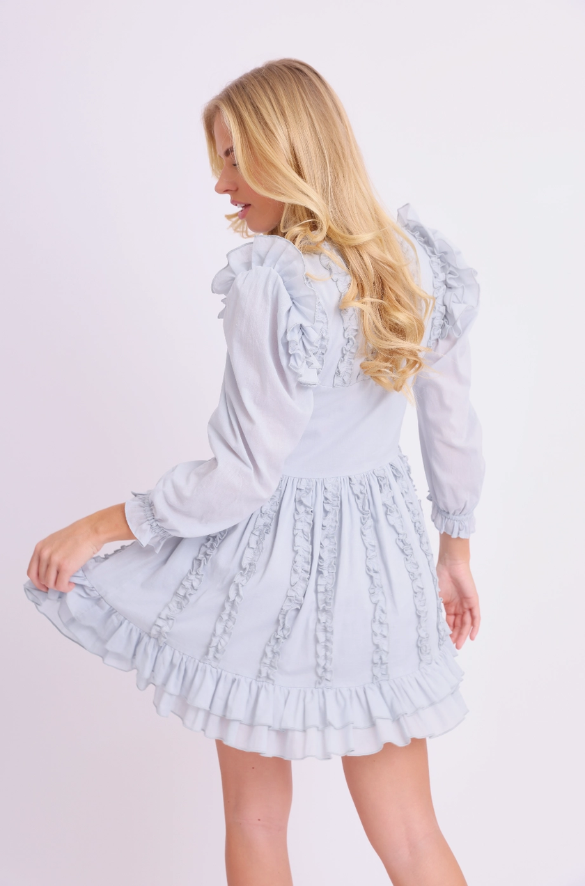 Amy Jane London Blue Annie Ruffle Pleat Detail Puff Sleeve Mini Dress