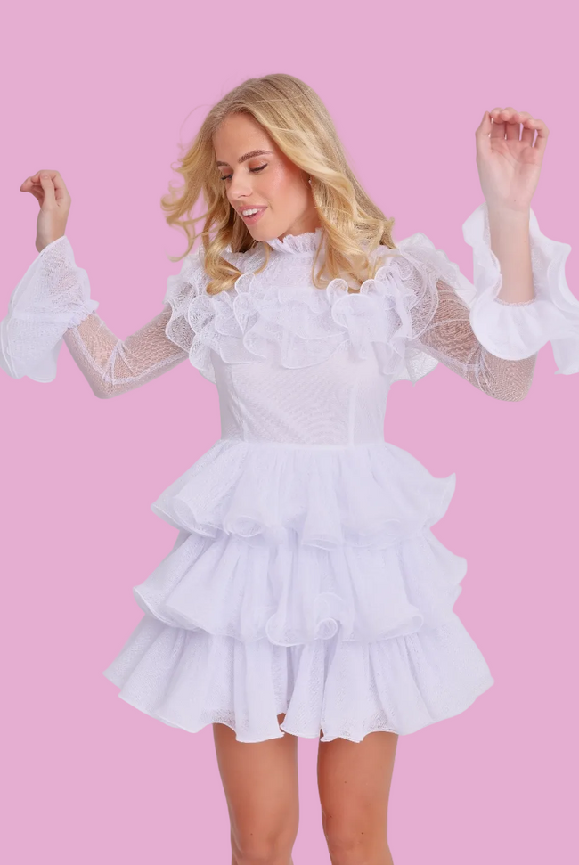 Amy Jane London White Long Sleeve Ruffle Tiered Detail Flared Evalina Mini Dress
