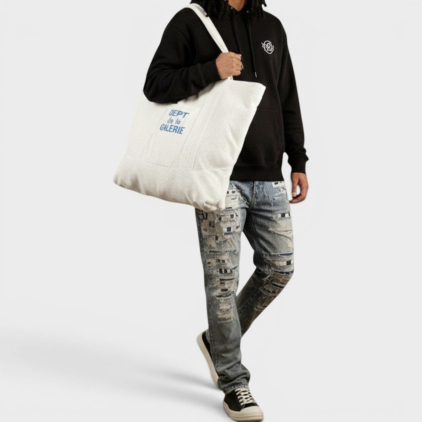 Logo-Print Cotton-Corduroy Tote Bag White