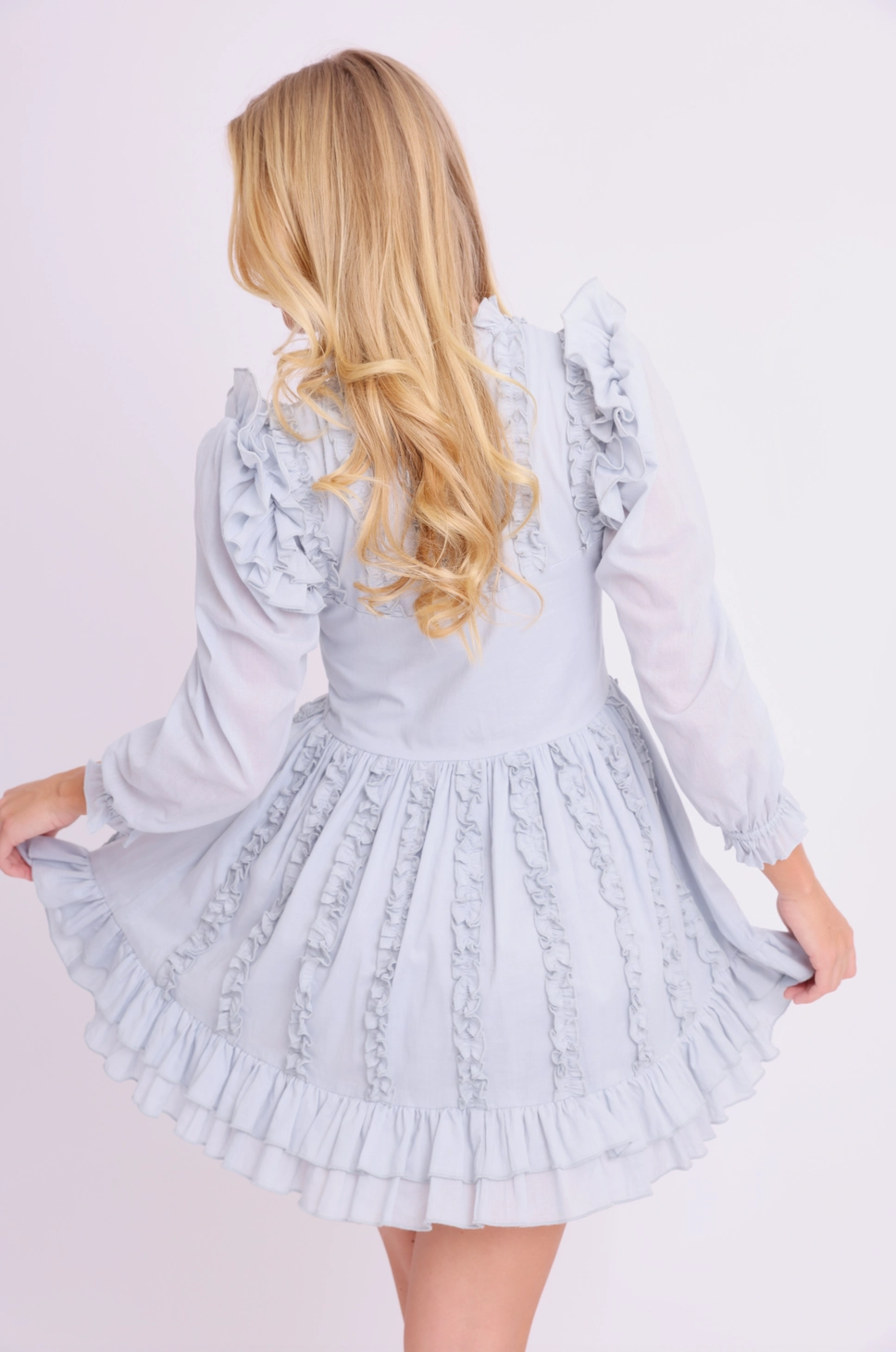 Amy Jane London Blue Annie Ruffle Pleat Detail Puff Sleeve Mini Dress