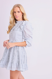 Amy Jane London Blue Annie Ruffle Pleat Detail Puff Sleeve Mini Dress