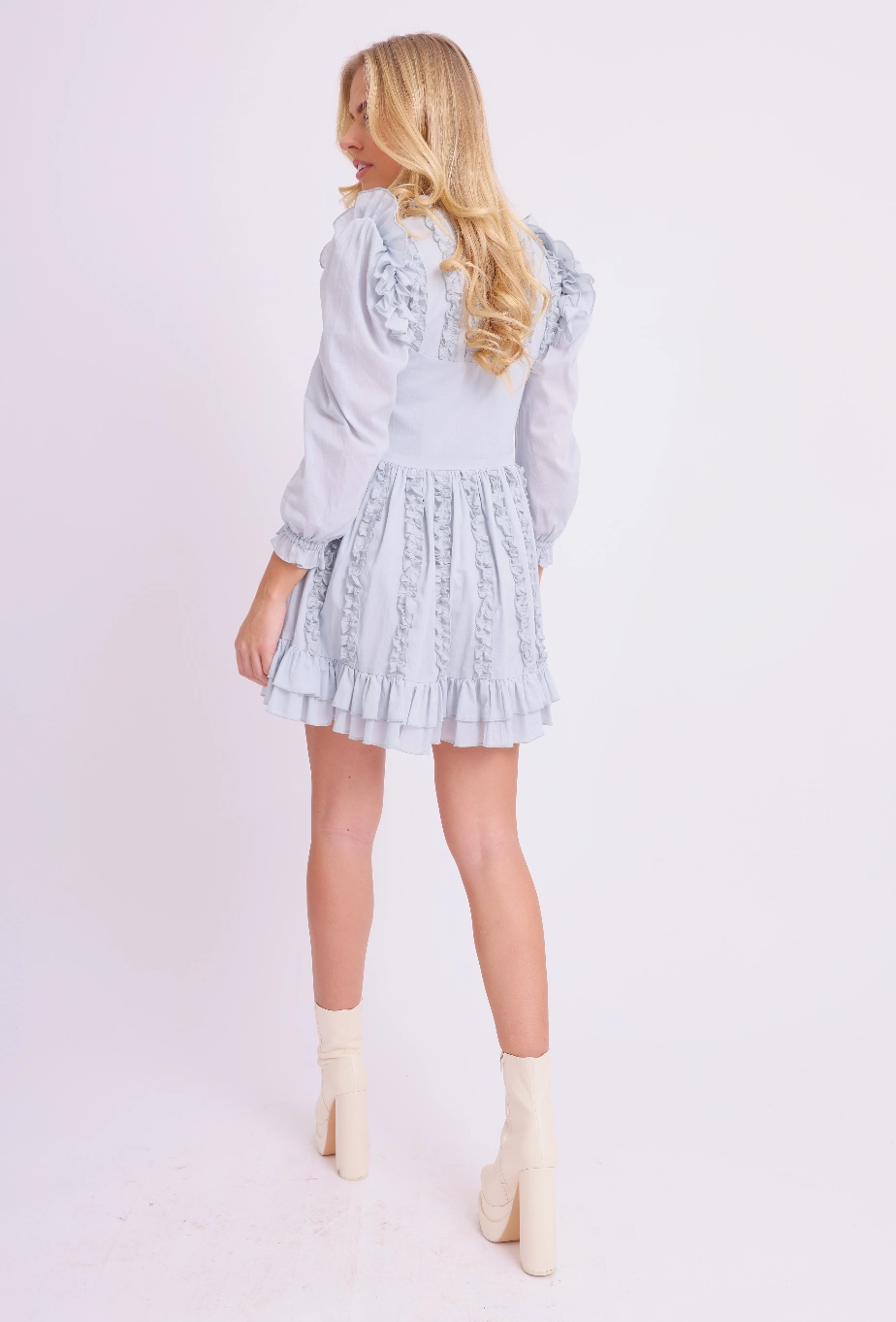 Amy Jane London Blue Annie Ruffle Pleat Detail Puff Sleeve Mini Dress