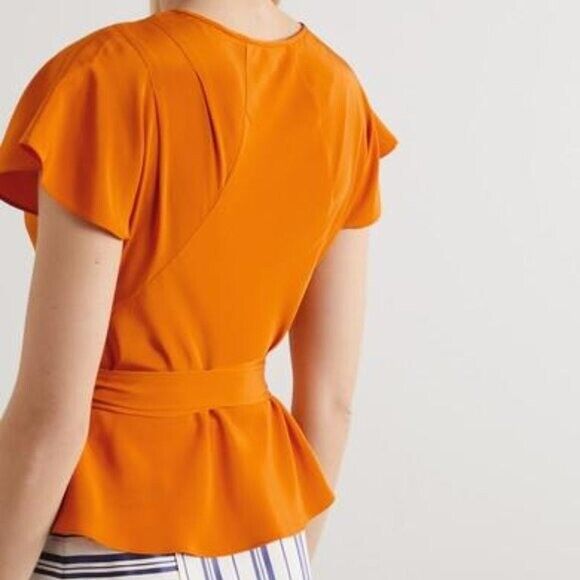 Diane Von Furstenberg DVF Orange Crepe De Chine Silk Wrap Blouse Top