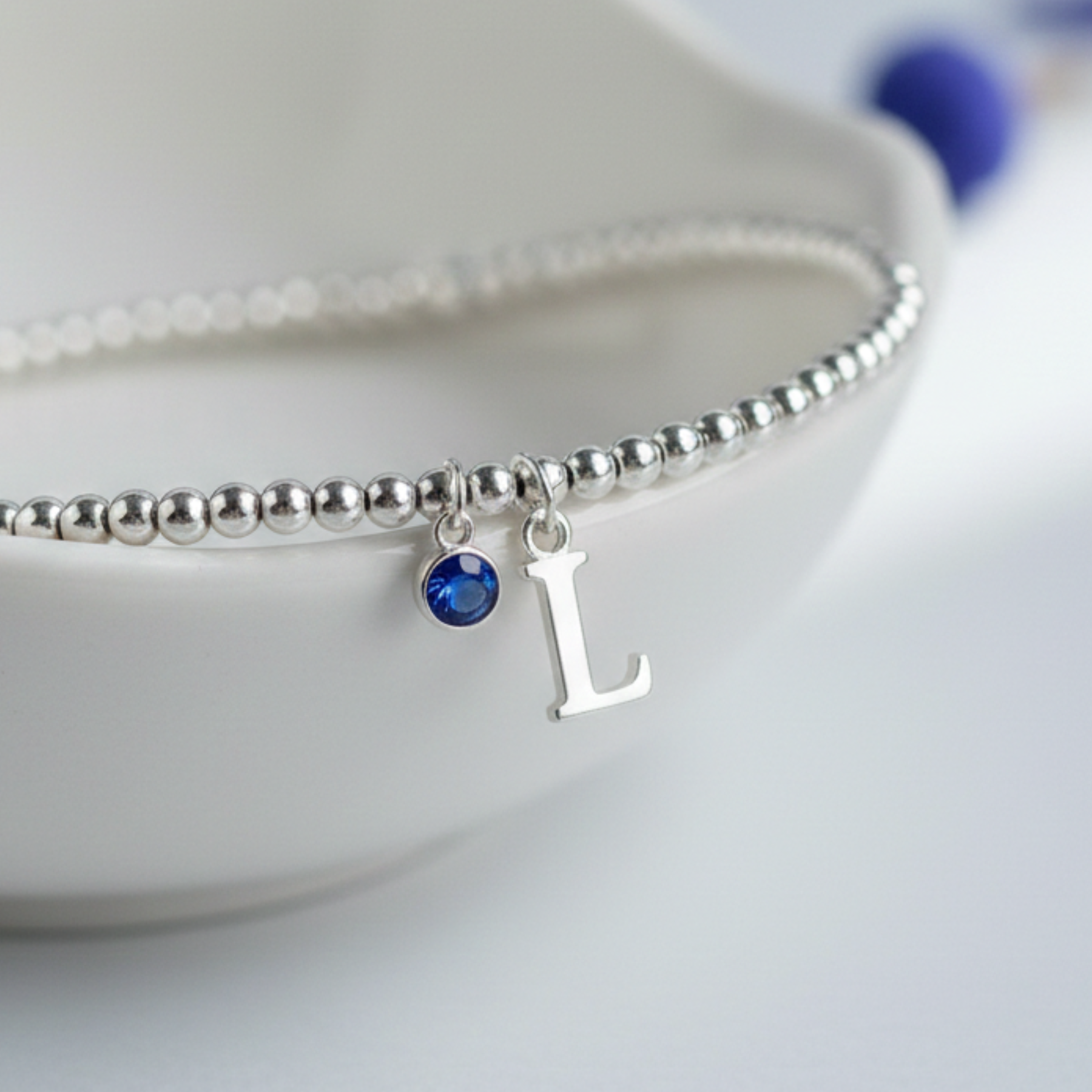 Initial & September Birthstone Bracelet | Personalised Stretch Bead Bracelet