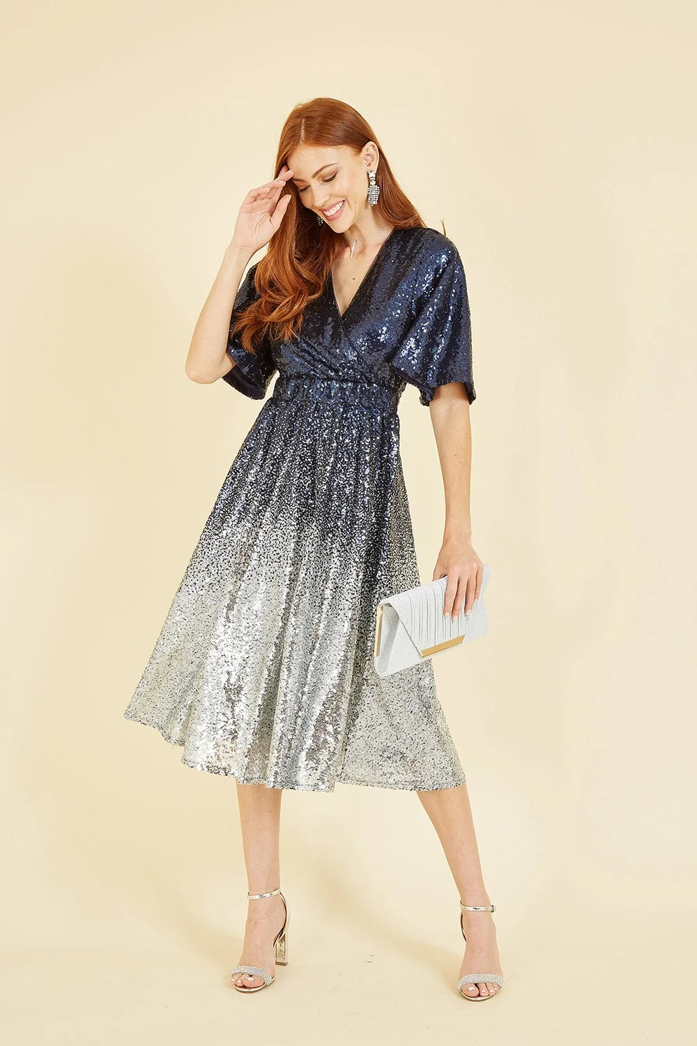 Yumi Navy and Silver Ombre Sequin Midi Wrap Dress