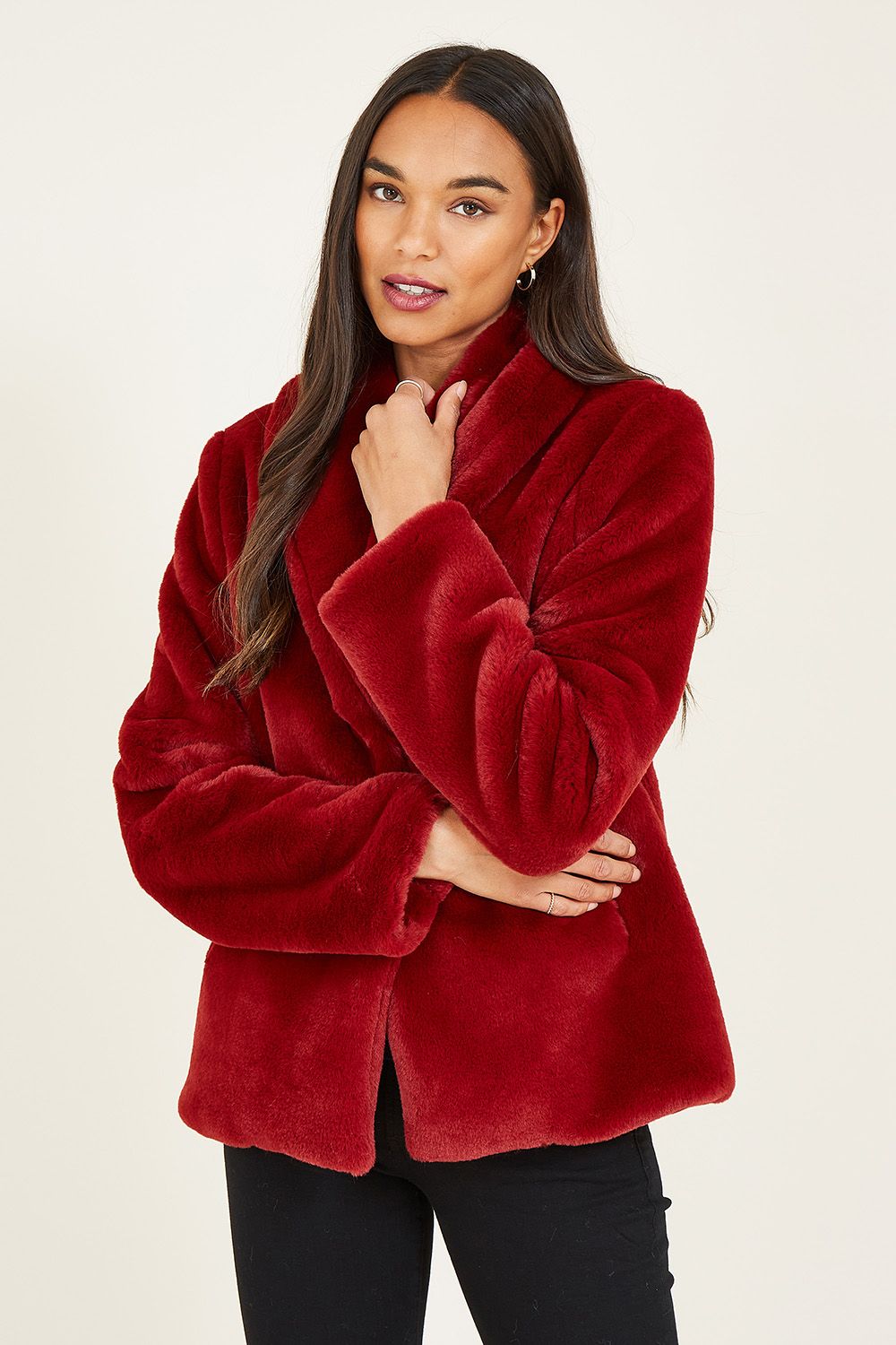 Yumi Red Short Wrap Faux Fur Coat