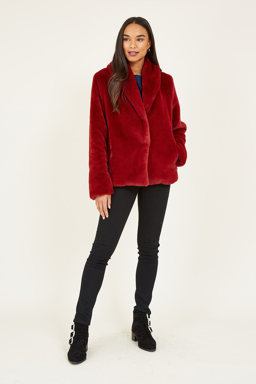 Yumi Red Short Wrap Faux Fur Coat