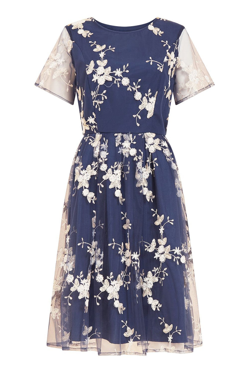 Yumi Navy Embroidered Floral Skater Dress