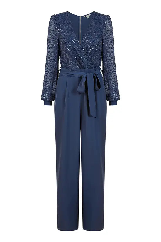 Yumi Navy Sequin Jumpsuit With Long Sleeves