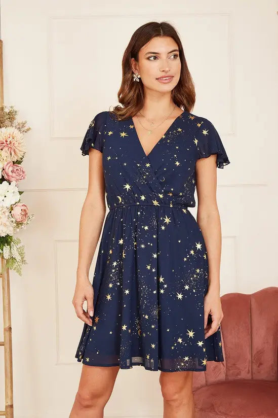 Mela Navy Foil Star Print Wrap Skater Dress
