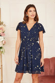 Mela Navy Foil Star Print Wrap Skater Dress