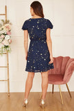 Mela Navy Foil Star Print Wrap Skater Dress