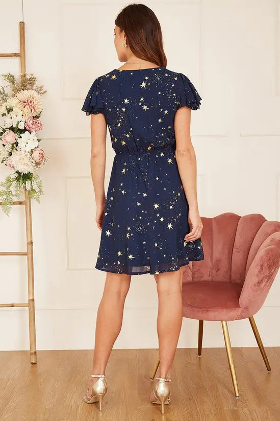 Mela Navy Foil Star Print Wrap Skater Dress