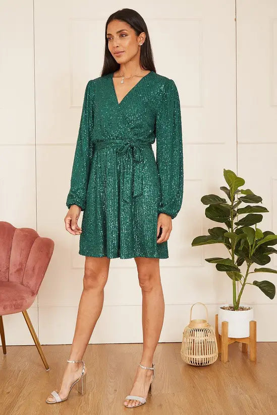 Mela Green Sequin Belted Wrap Long Sleeve Dress