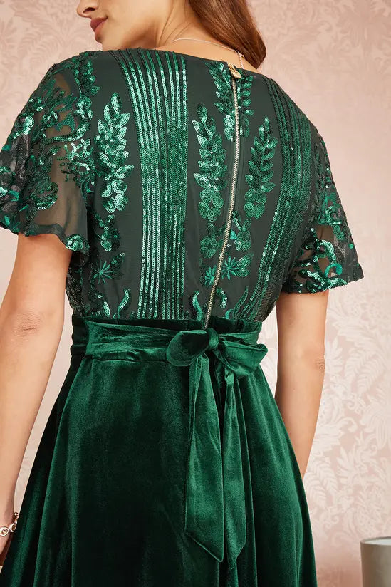 Yumi Green Embellished Velvet Wrap Skater Midi Dress