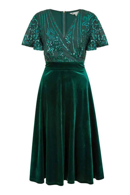 Yumi Green Embellished Velvet Wrap Skater Midi Dress
