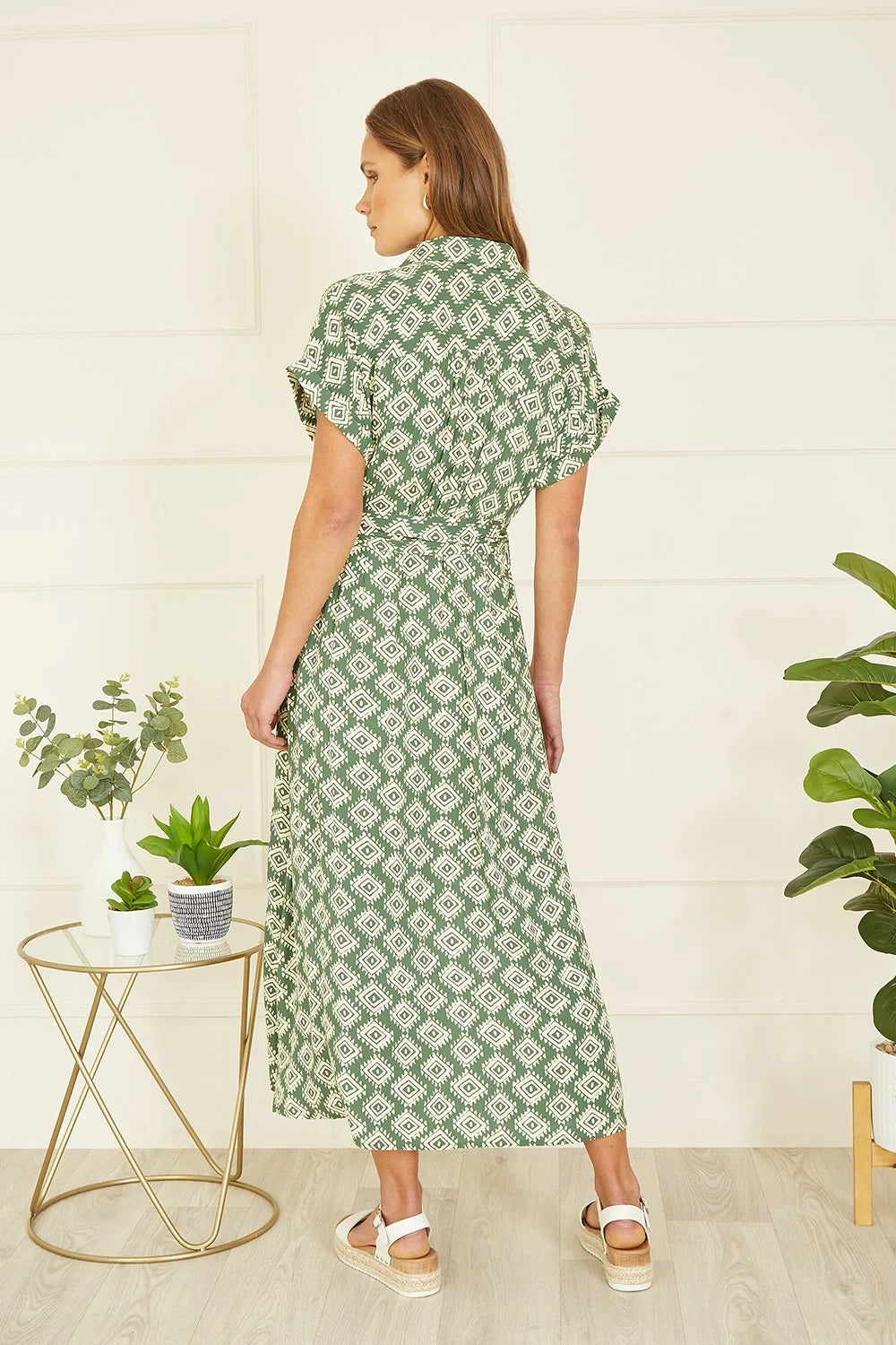 Yumi Green Viscose Midi Shirt Dress With Matching Belt