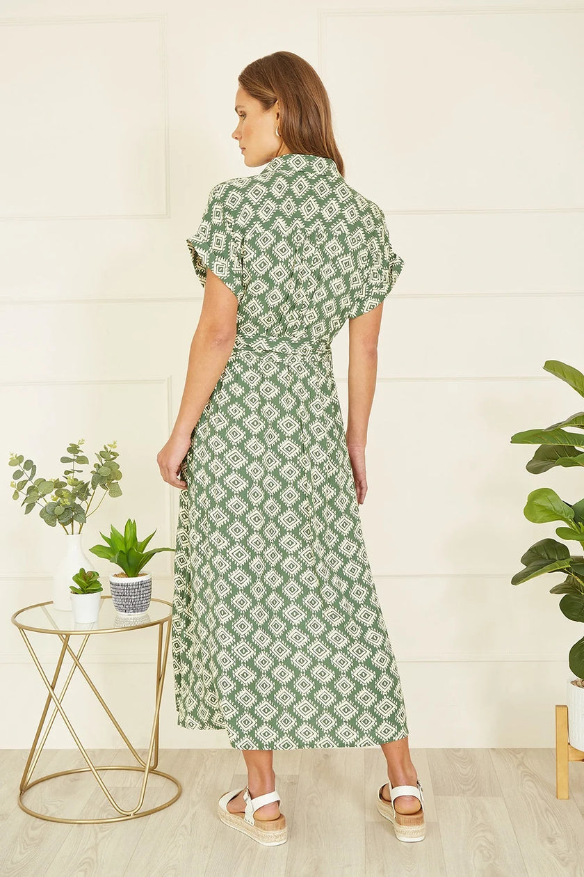 Yumi Green Viscose Midi Shirt Dress With Matching Belt