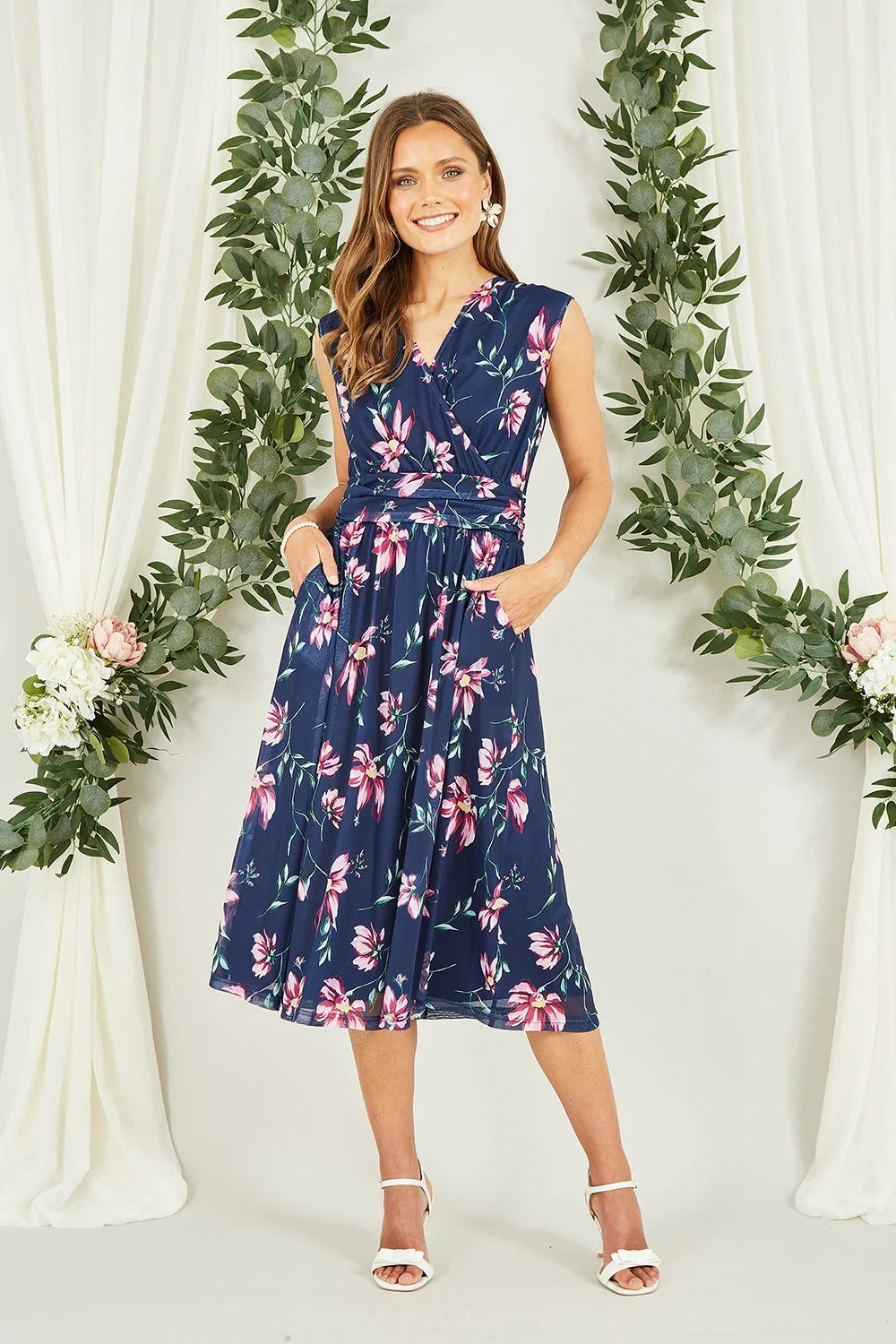 Yumi Navy Floral Print Mesh Stretch Midi Dress With Pockets