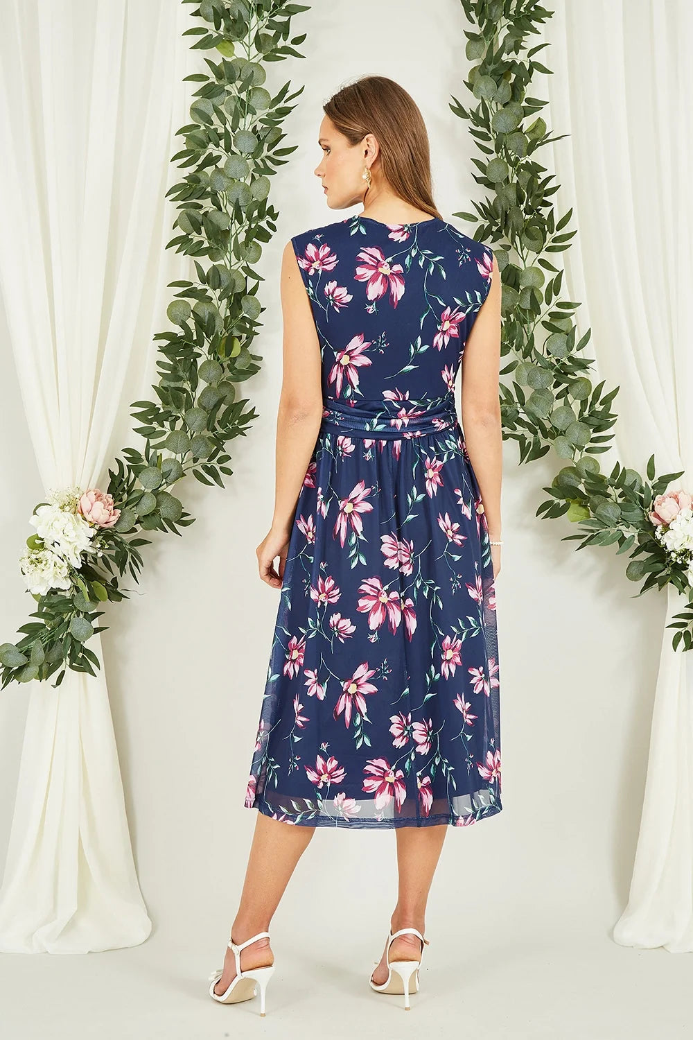Yumi Navy Floral Print Mesh Stretch Midi Dress With Pockets