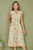 Yumi Ivory Floral Print Mesh Stretch Midi Dress With Pockets