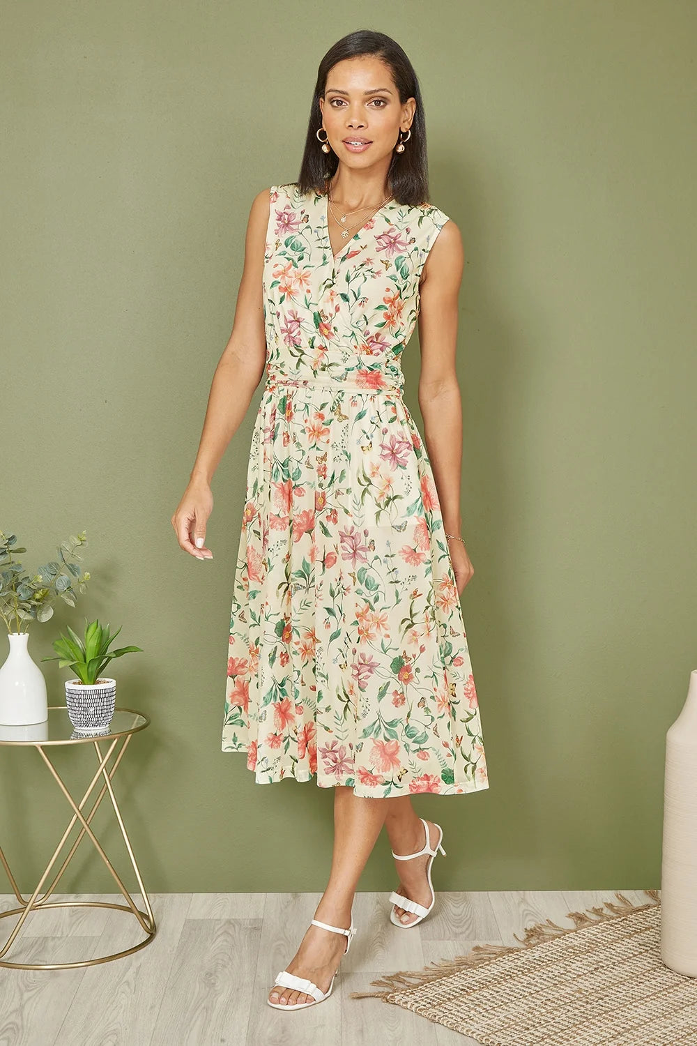 Yumi Ivory Floral Print Mesh Stretch Midi Dress With Pockets