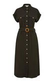 Yumi Black Viscose Linen Look Midi Shirt Dress With Wooden Belt