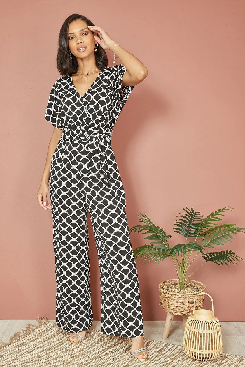 Yumi Black Geometric Print Wrap Jumpsuit