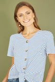 Yumi Blue Striped Jersey Button Detail Top