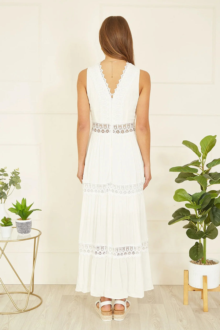 Yumi White Lace Trim Cotton Midi Sun Dress