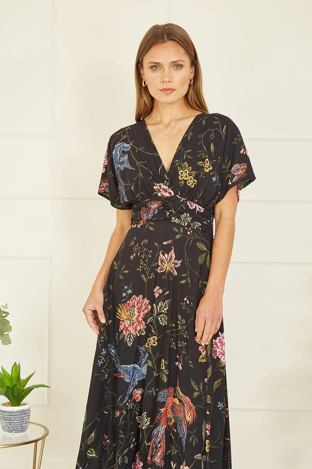 Yumi Black Viscose Bird and Floral Print Kimono Midi Dress