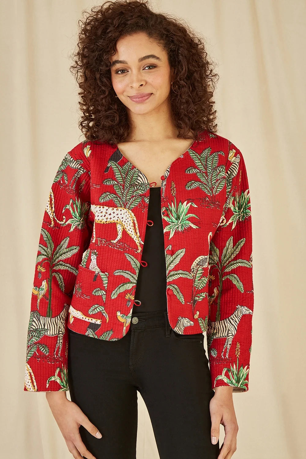 Yumi Red Animal Print Reversible Cotton Cropped Quilted Jacket
