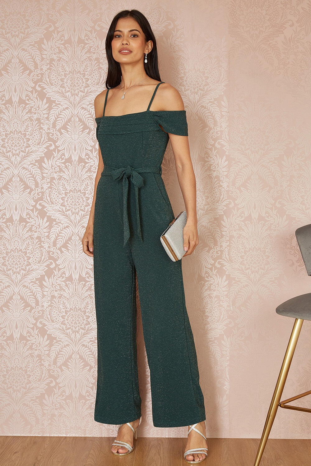 Yumi Green Sparkle Stretch Bardot Jumpsuit