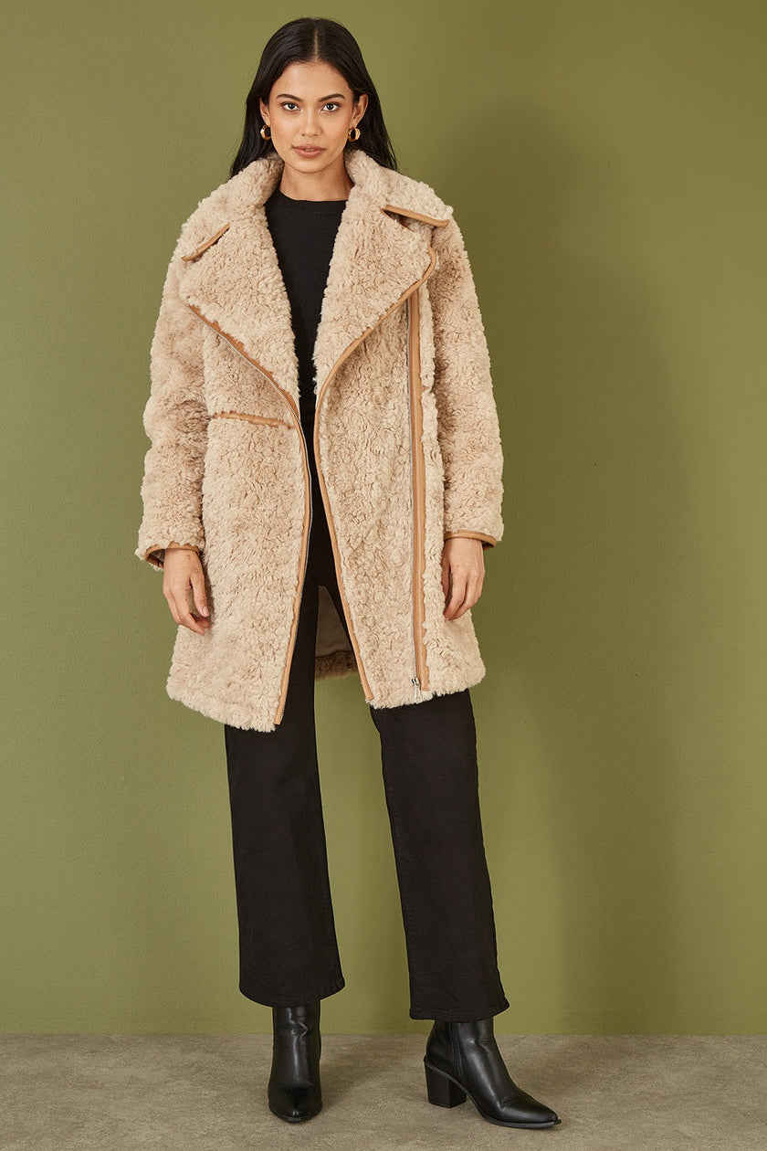 Yumi Brown Textured Borg Long Line Biker Coat