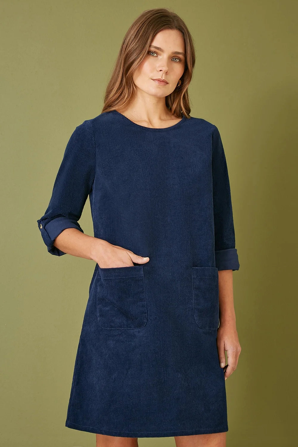 Yumi Navy Cord Tunic Dress With 3/4 Sleeves And Pockets