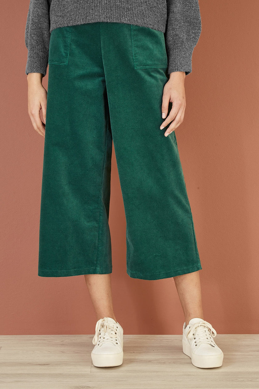 Yumi Green Cord Cropped Wide Leg Trousers With Pockets