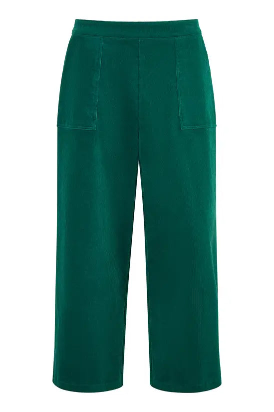 Yumi Green Cord Cropped Wide Leg Trousers With Pockets