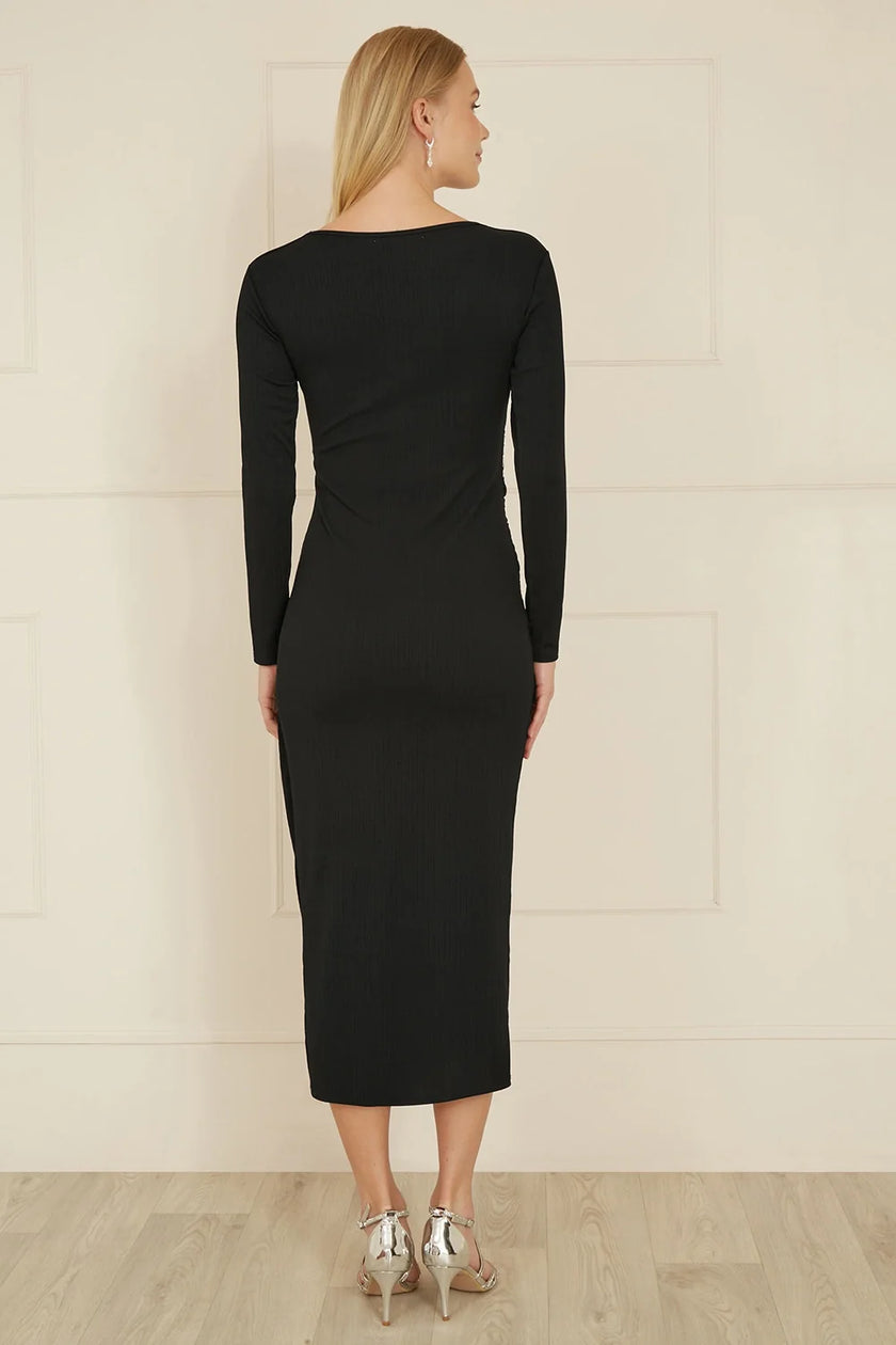 Yumi Black Midi Fitted Stretch Dress With Knot Detail