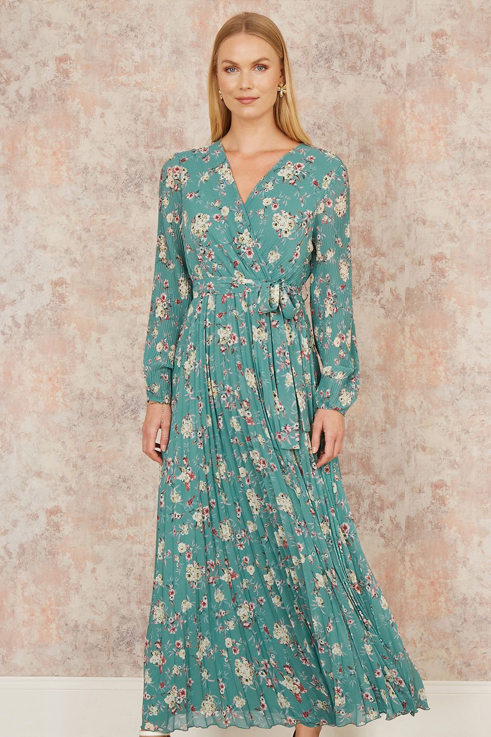 Yumi Mint Green Floral Pleated Long Sleeve Wrap Over Midi Dress